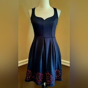 Navy Blue Dress Red Embroidered Flowers Pleated ModCloth Mystic Retro PinUp